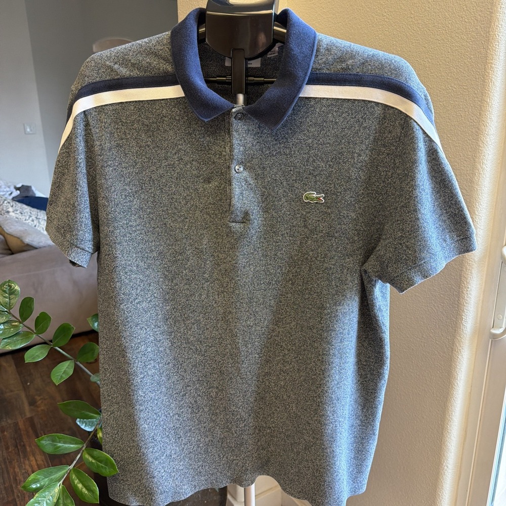 Lacoste Men's Shoulder Tape Polo Shirt Blue Heather Knit XL Heritage Retro Sport